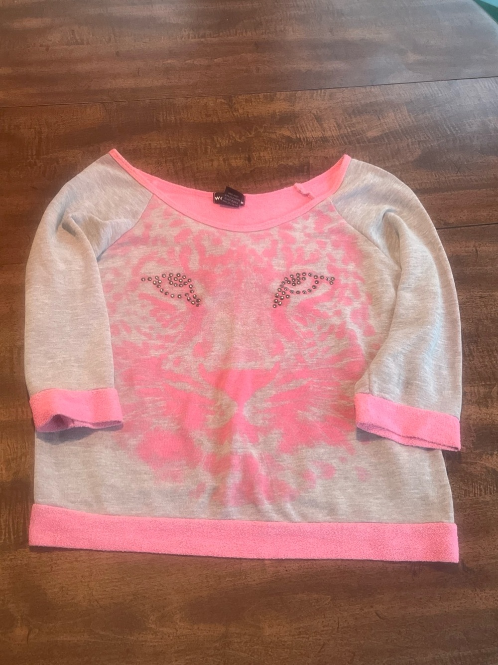 Wet Seal Y2K Pink Tiger Face Sweatshirt Large Rhinestone 3/4 Sleeve Raglan USA